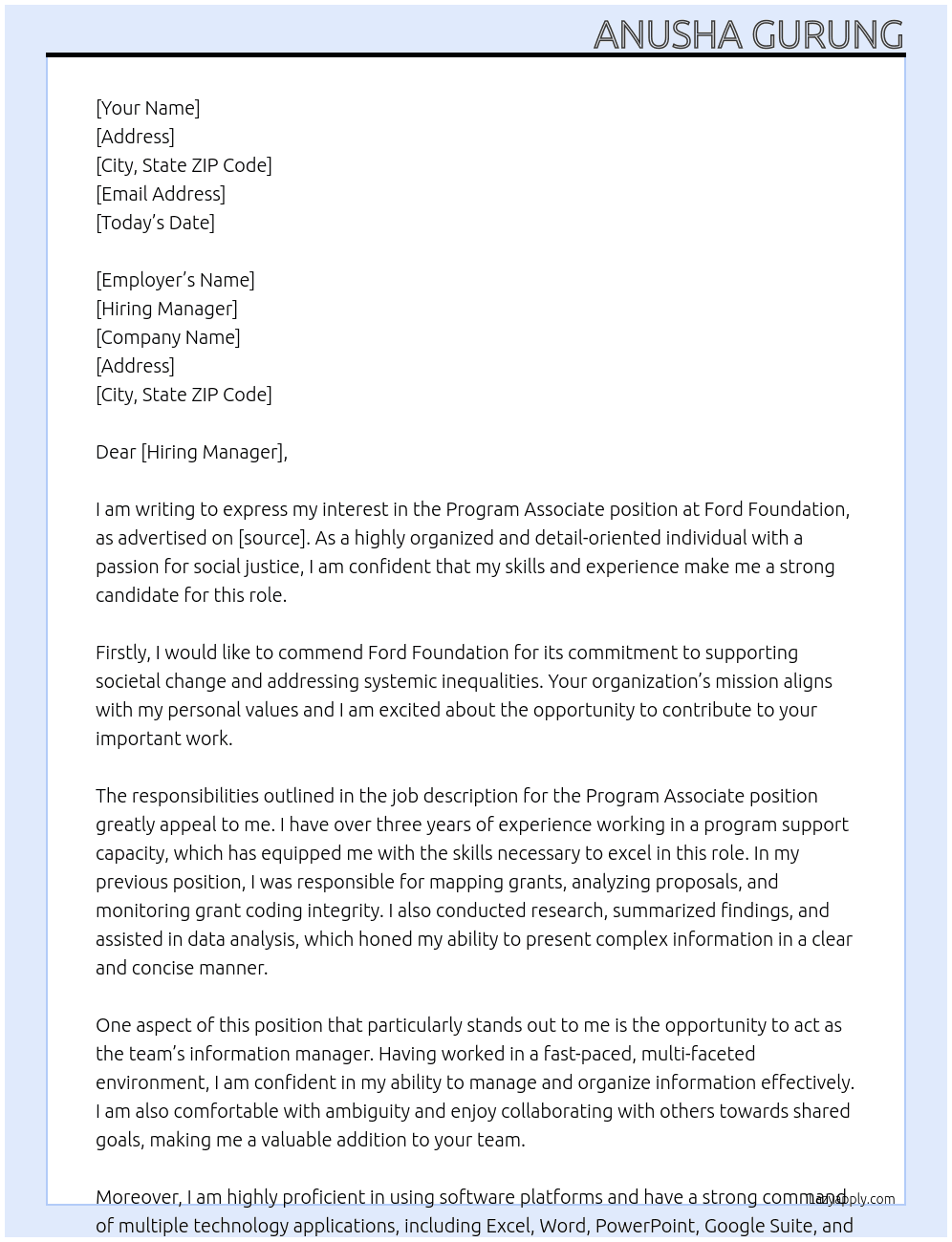 program associate At ford foundation Cover Letter
