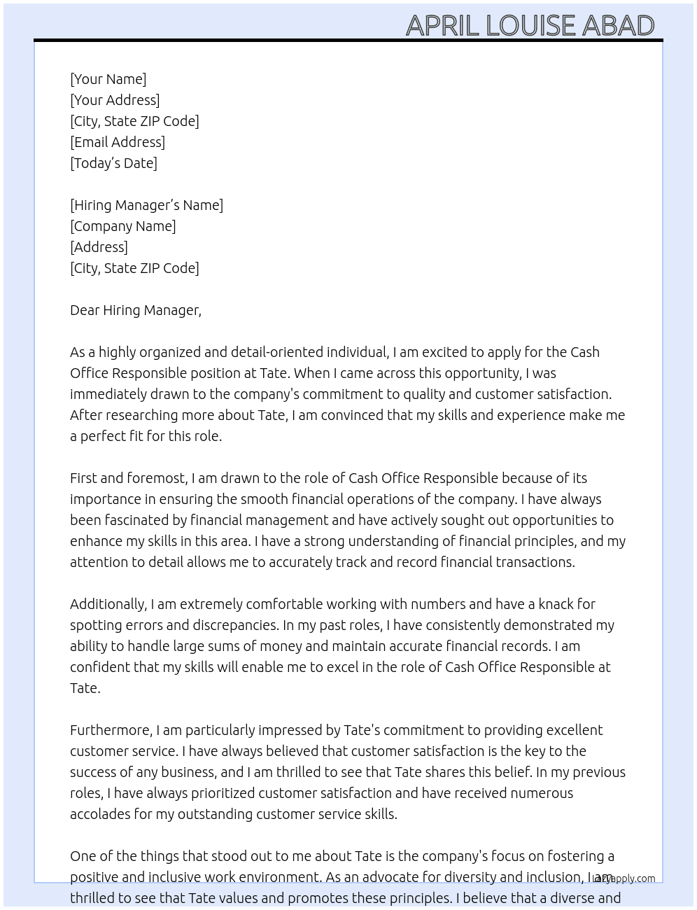 Cash office responsible  At Tate  Cover Letter