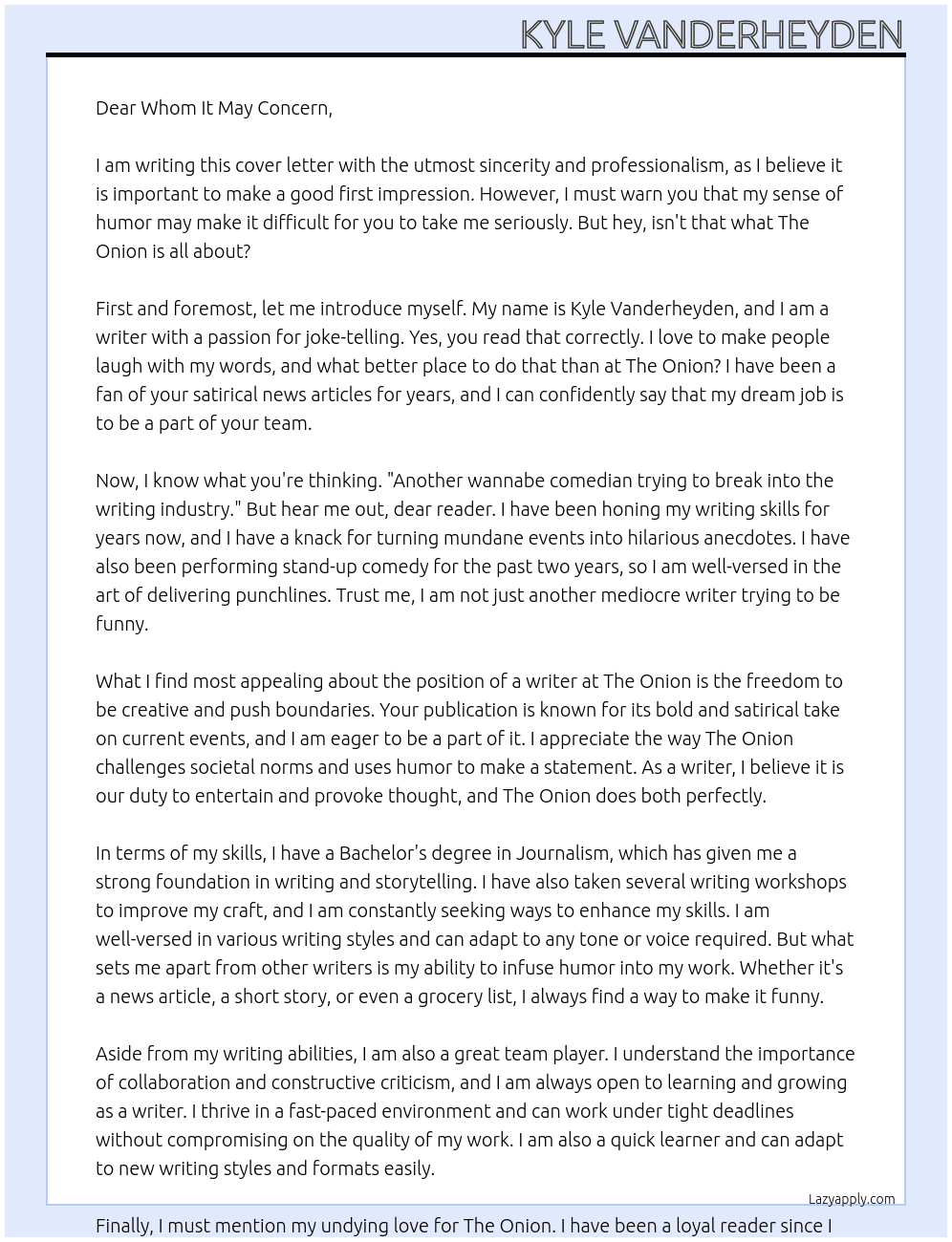 Writer At The Onion Cover Letter
