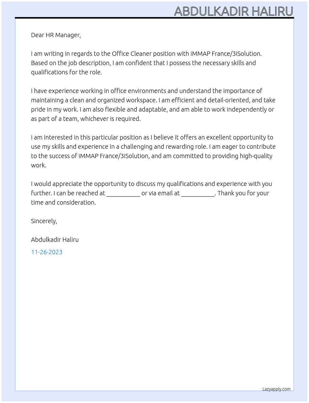 Office Cleaner At iMMAP France/3iSolution Cover Letter