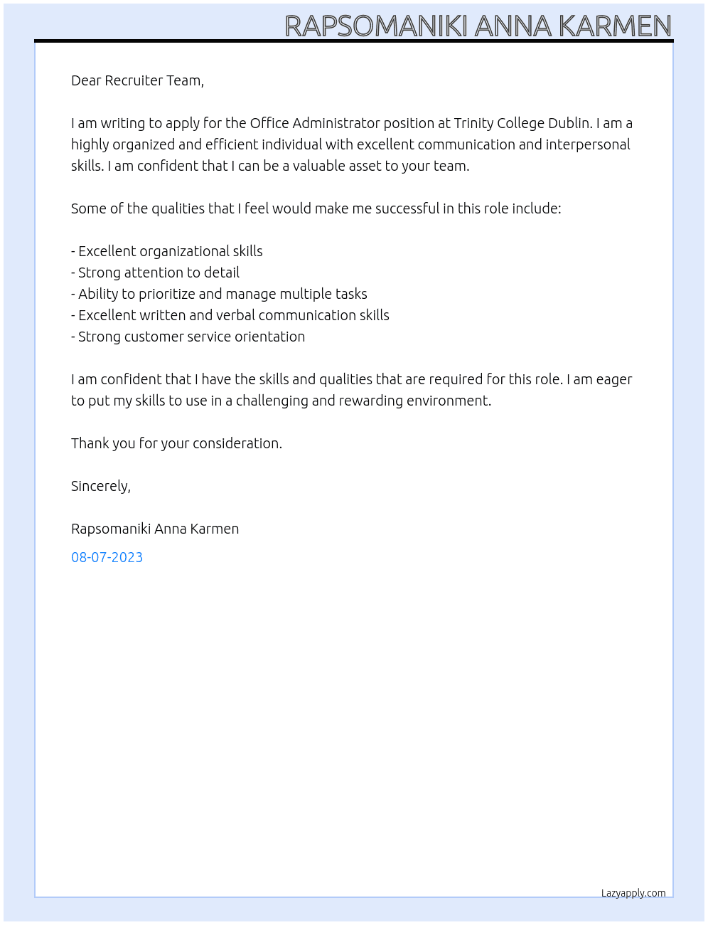 Office administrator At Trinity College Dublin Cover Letter