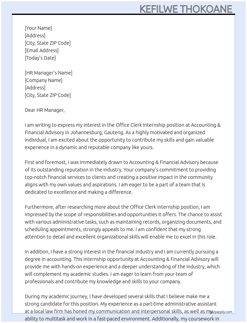 Office Clerk Internship  At Accounting & Financial Advisory Cover Letter