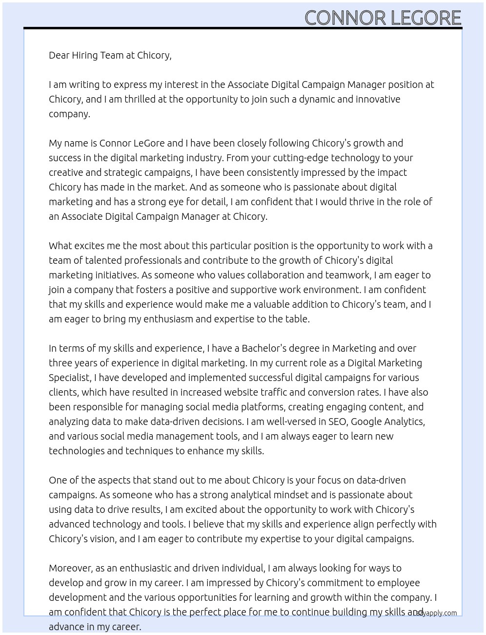 Associate Digital Campaign Manager At Chicory Cover Letter