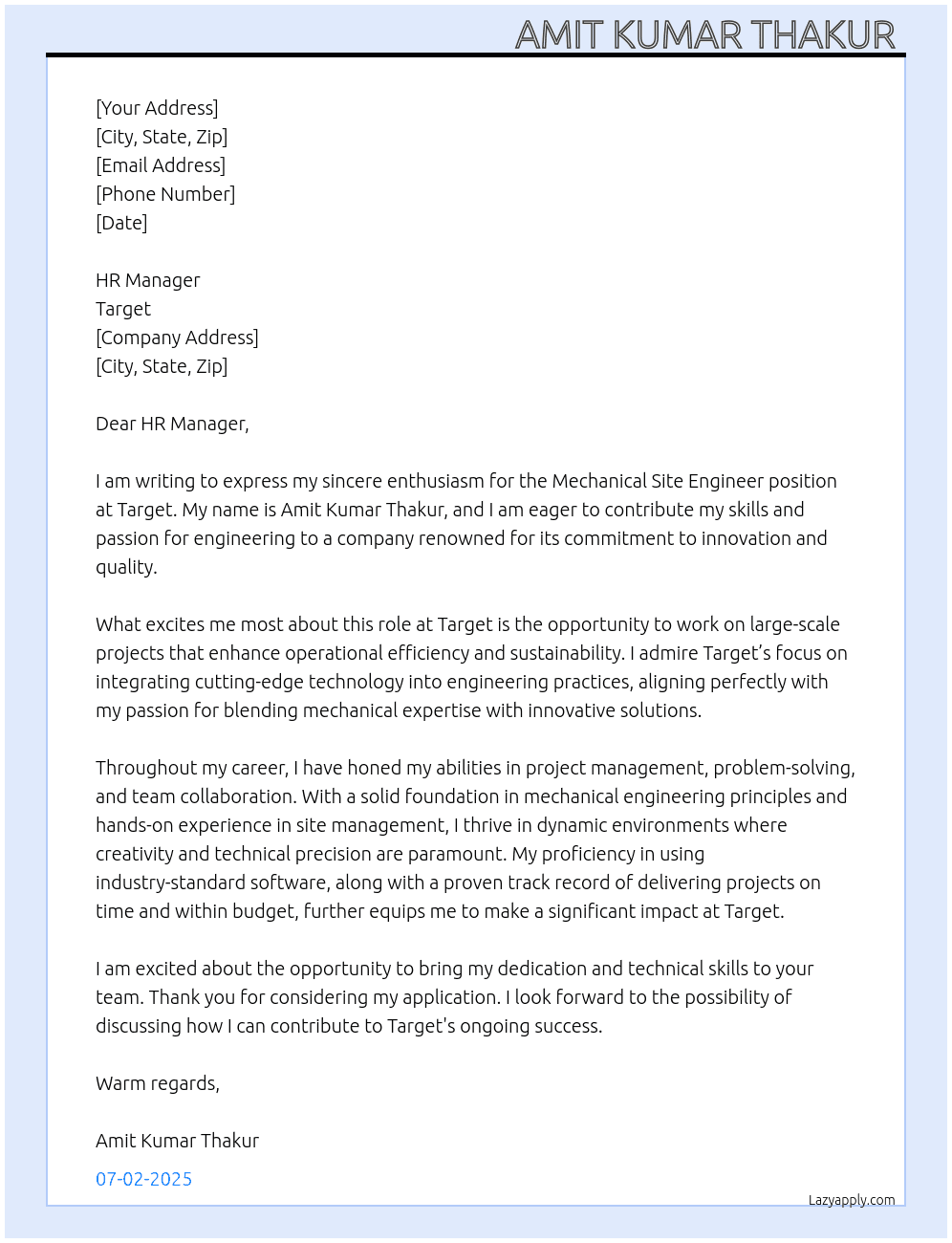 Mechanical Site Engineer  At Target Cover Letter