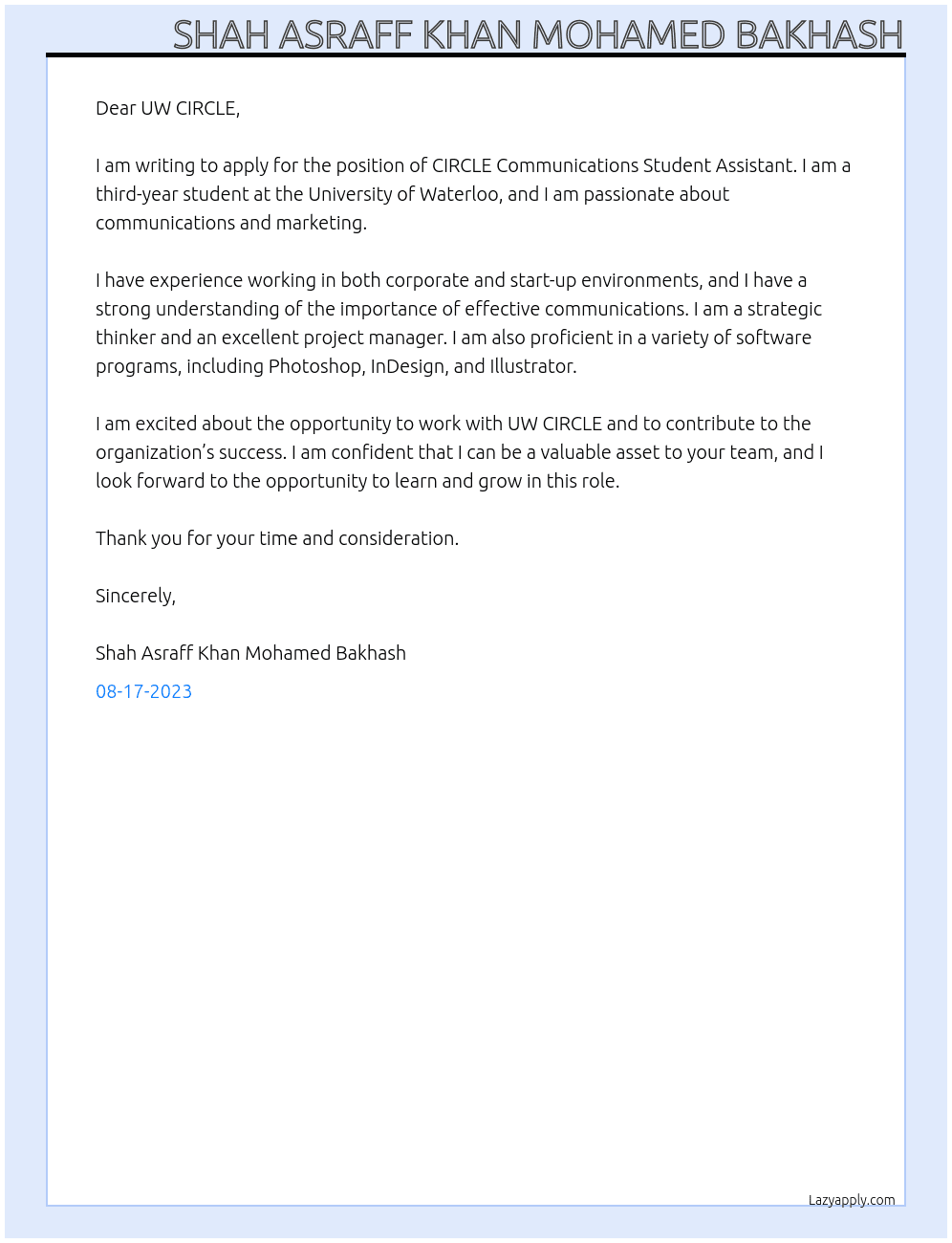 CIRCLE Communications Student Assistant At UW CIRCLE Cover Letter