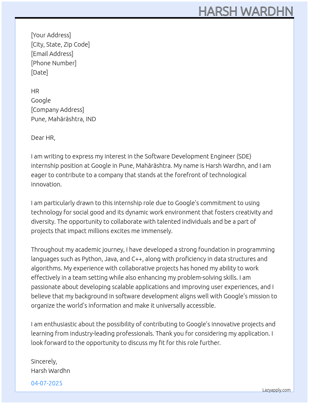 SDE At Google Cover Letter
