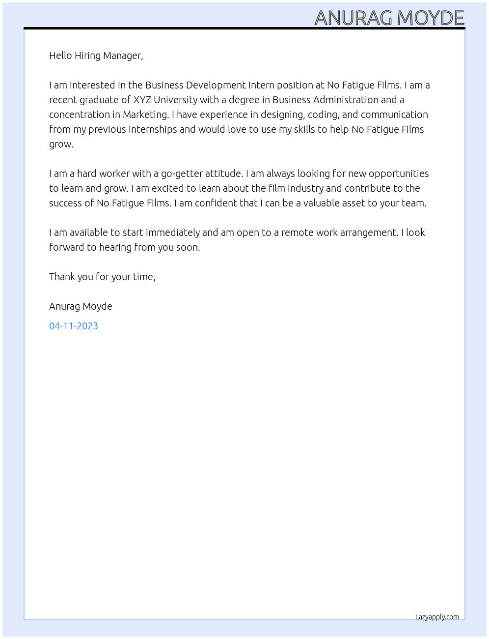 Business Development Intern At No Fatigue Films Cover Letter