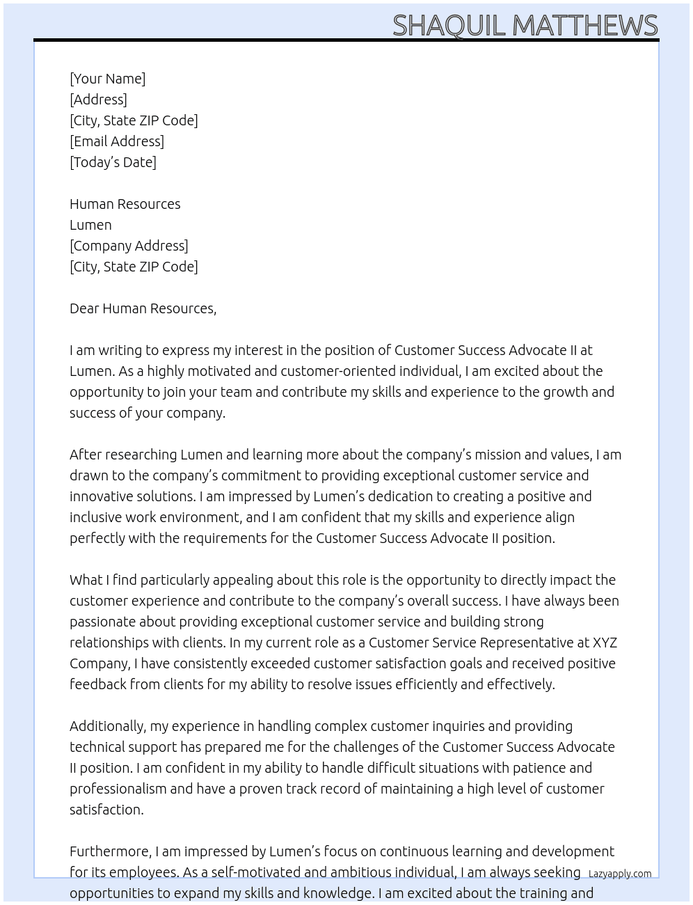 CUSTOMER SUCCESS ADVOCATE II At Lumen Cover Letter