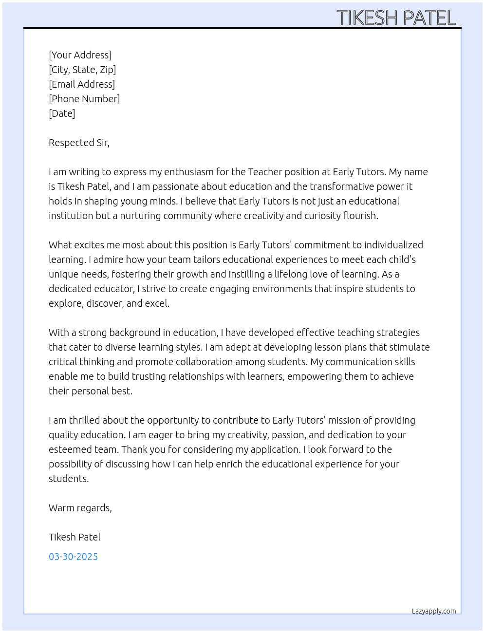 Teacher  At Early tutors  Cover Letter