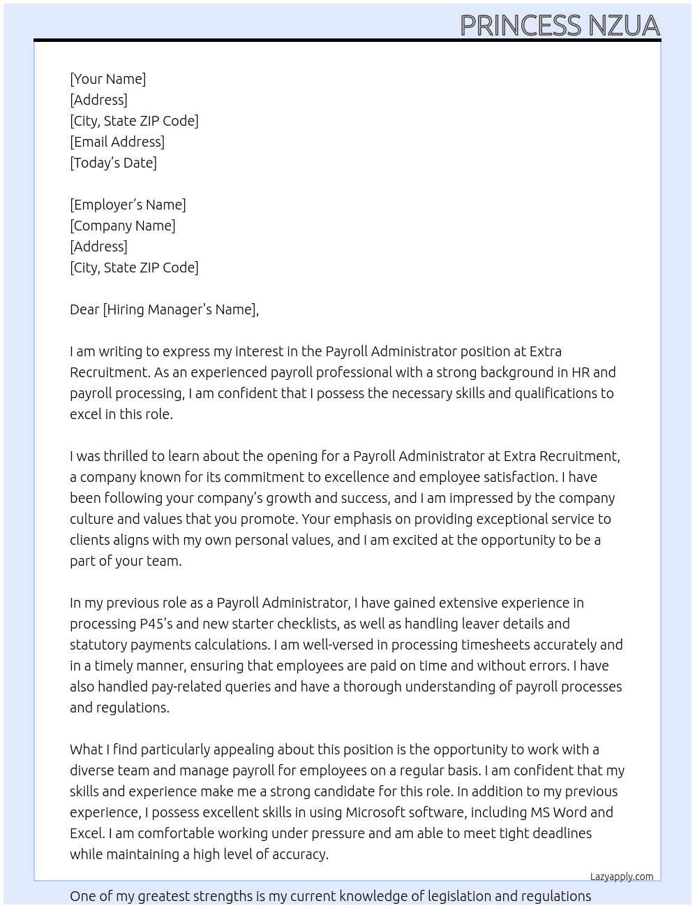 payroll administrator At Extra Recruitment Cover Letter