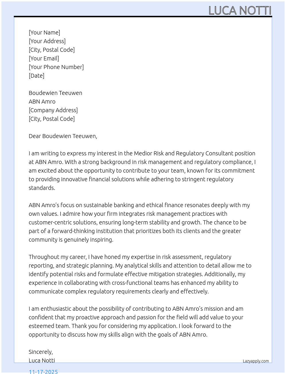 Medior risk and Regulatory Consultant At ABN Amro Cover Letter