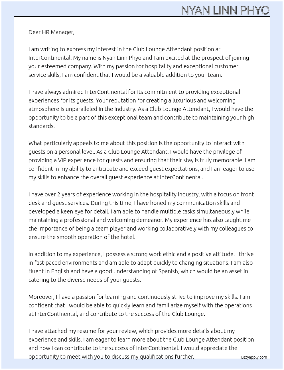 Club Lounge Attendant At InterContinental  Cover Letter