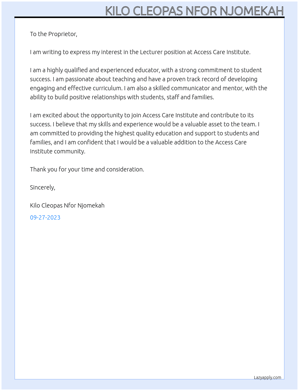 Lecturer At Access Care Institute Cover Letter
