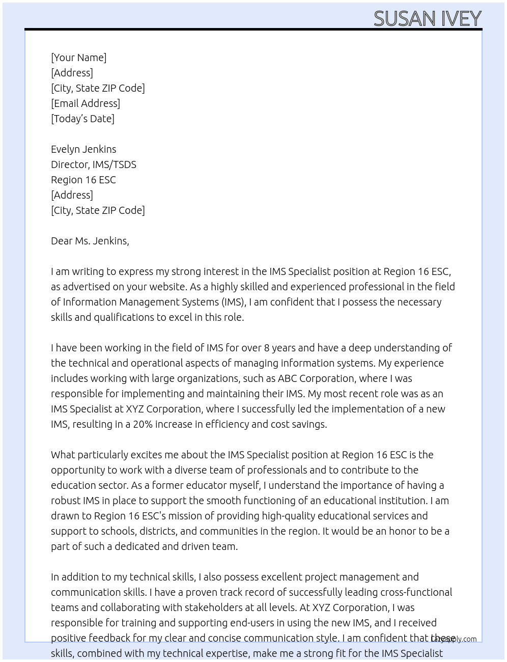 IMS Specialist At Region 16 ESC Cover Letter