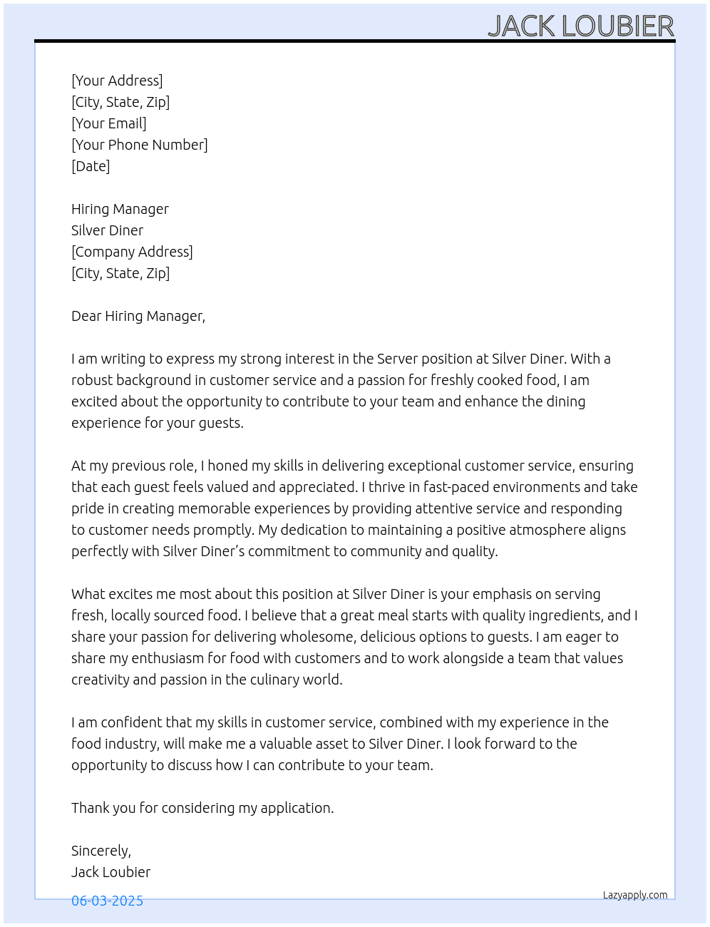 Server At Silver Diner Cover Letter