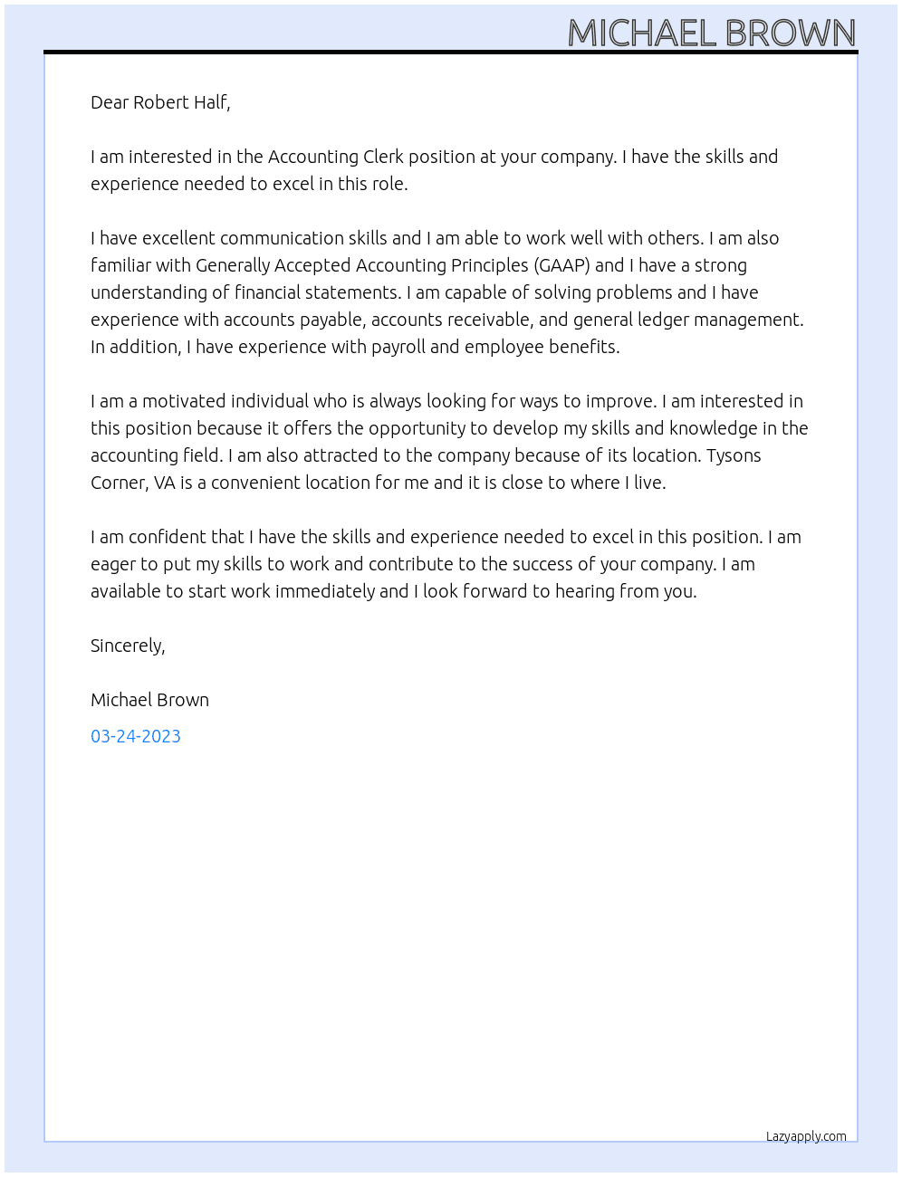 Accounting Clerk At Robert Half Cover Letter