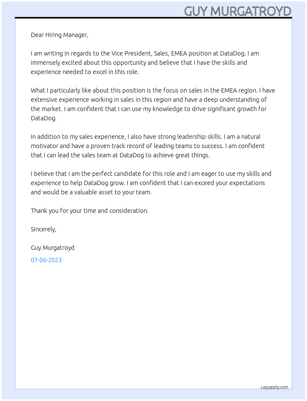 Vice President, Sales, EMEA At DataDog Cover Letter