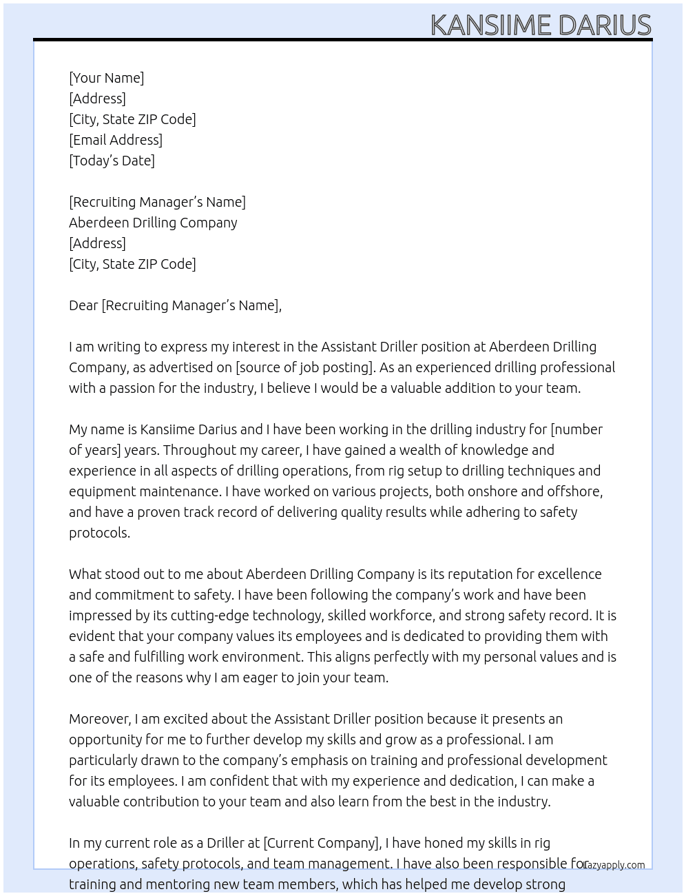 assistant driller At Aberdeen drilling company Cover Letter