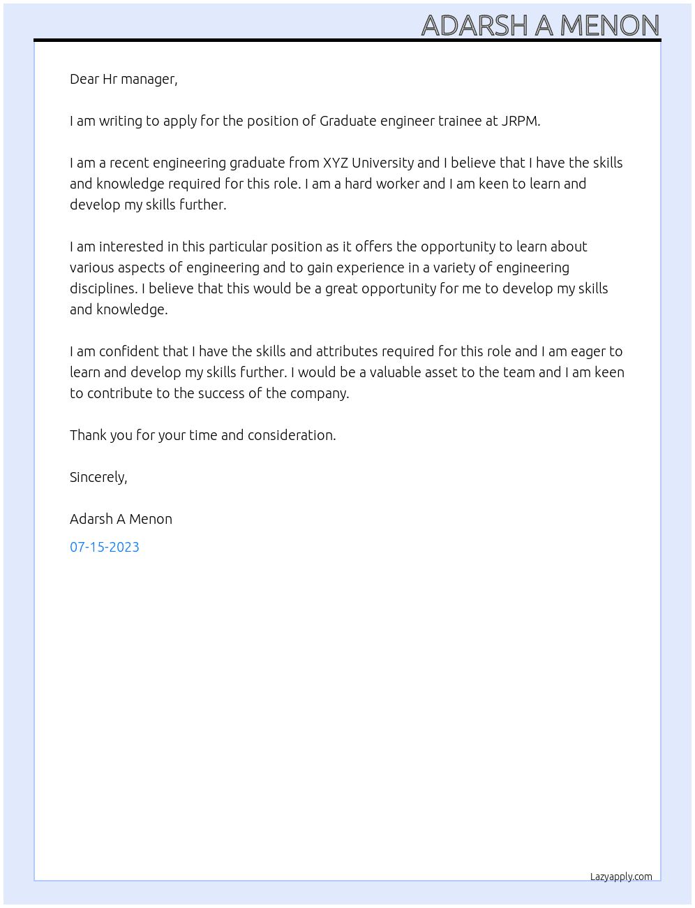 Graduate engineer trainee At JRPM Cover Letter