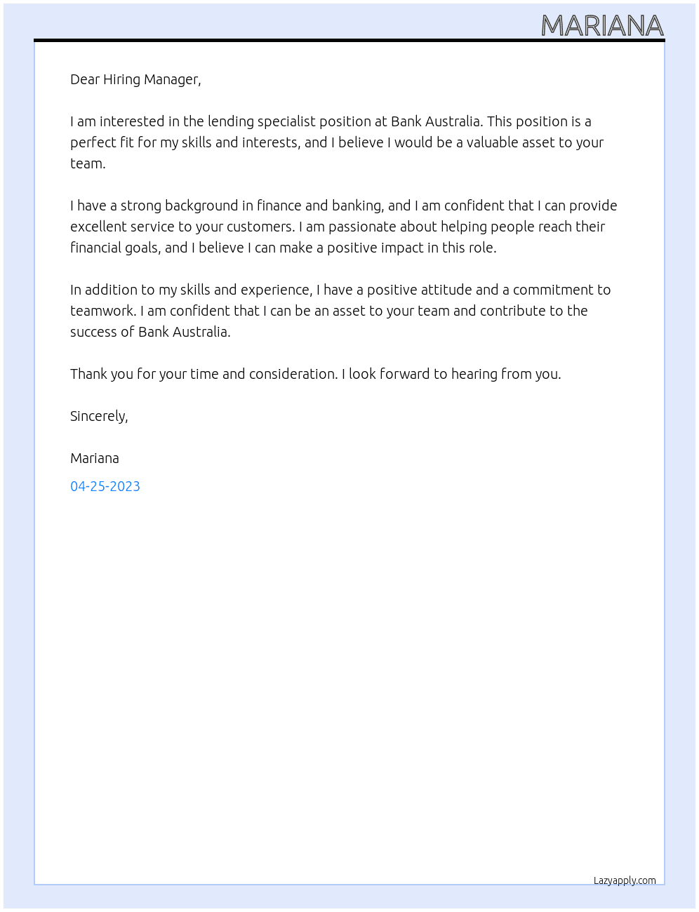 Lending specialist At Bank Australia Cover Letter