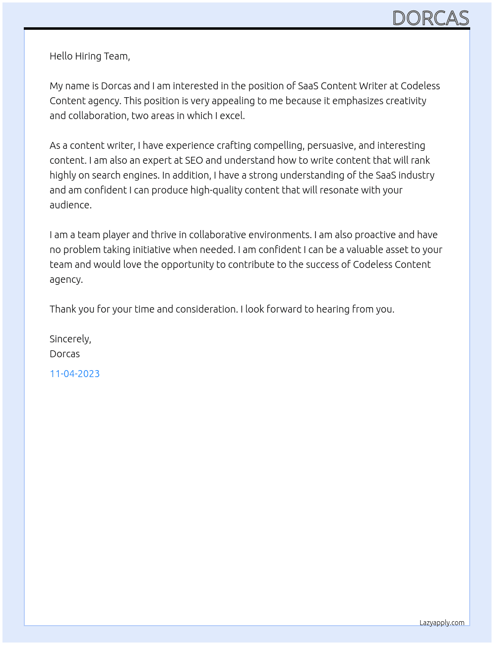 SaaS Content Writer At Codeless Content agency Cover Letter