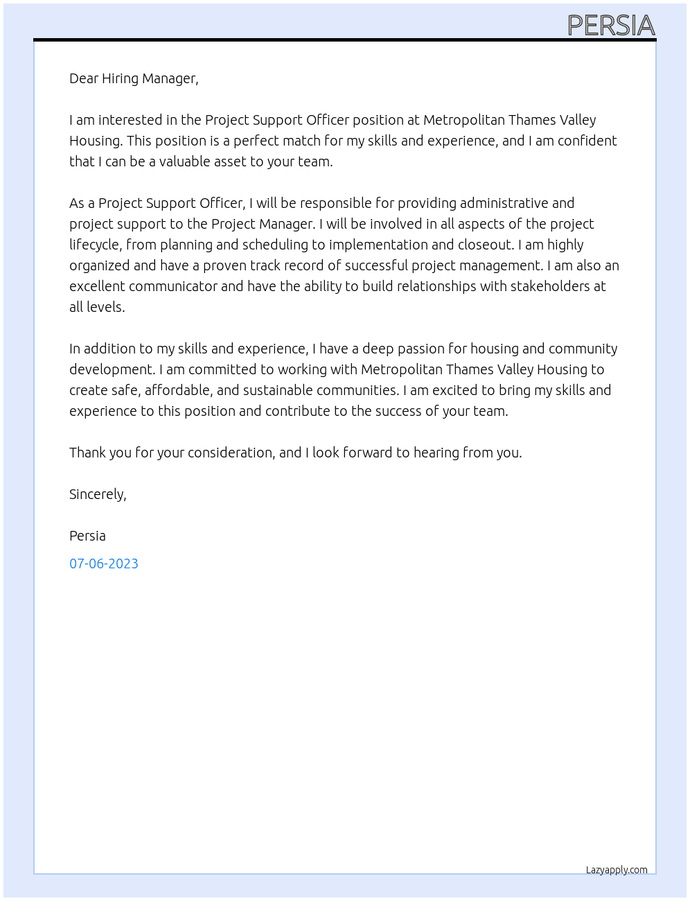 project support officer At metropolitan thames valley housing Cover Letter