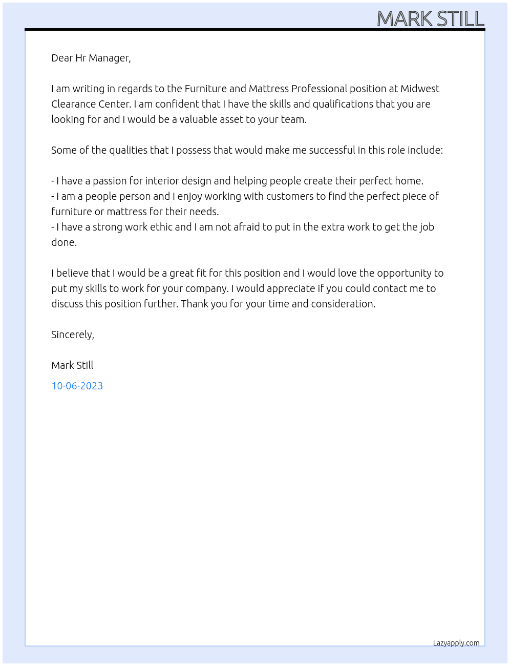 Furniture and Mattress Professional At Midwest Clearnce Center Cover Letter