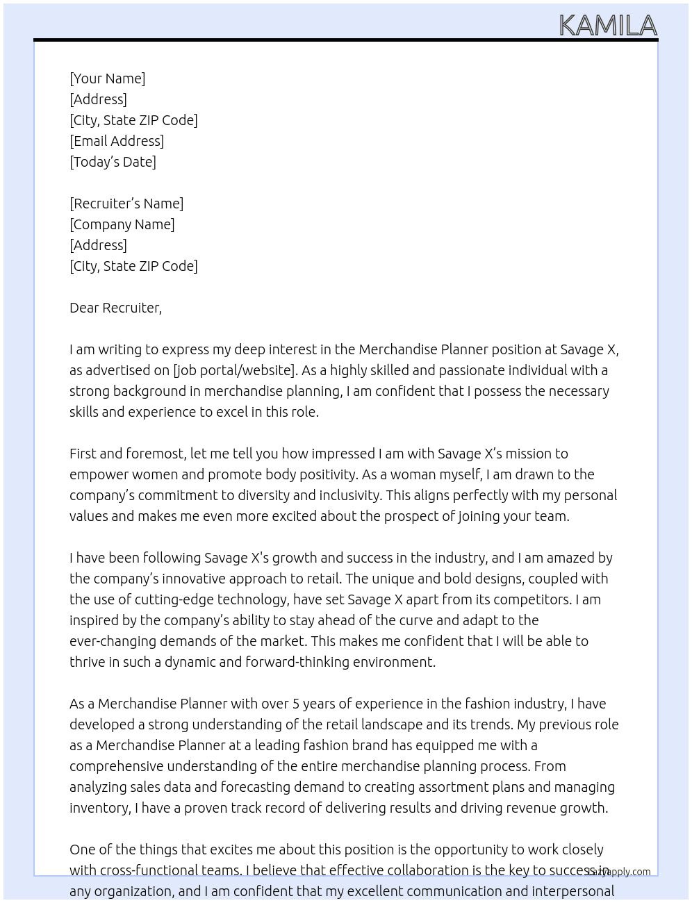 Merchandise Planner At Savage X Cover Letter