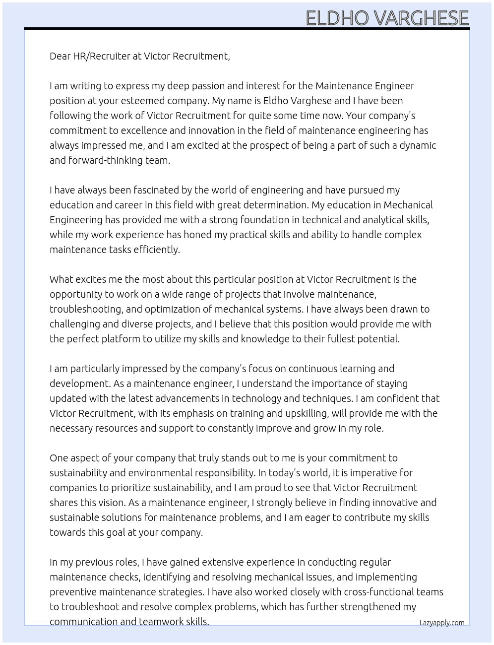 Maintenance Engineer At victor recruitment Cover Letter
