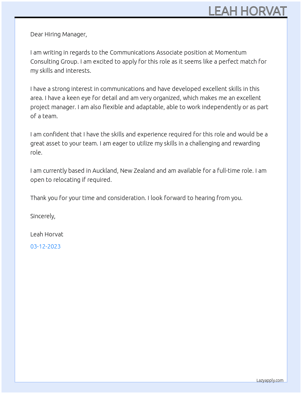 Communications Associate At Momentum Consulting Group Cover Letter