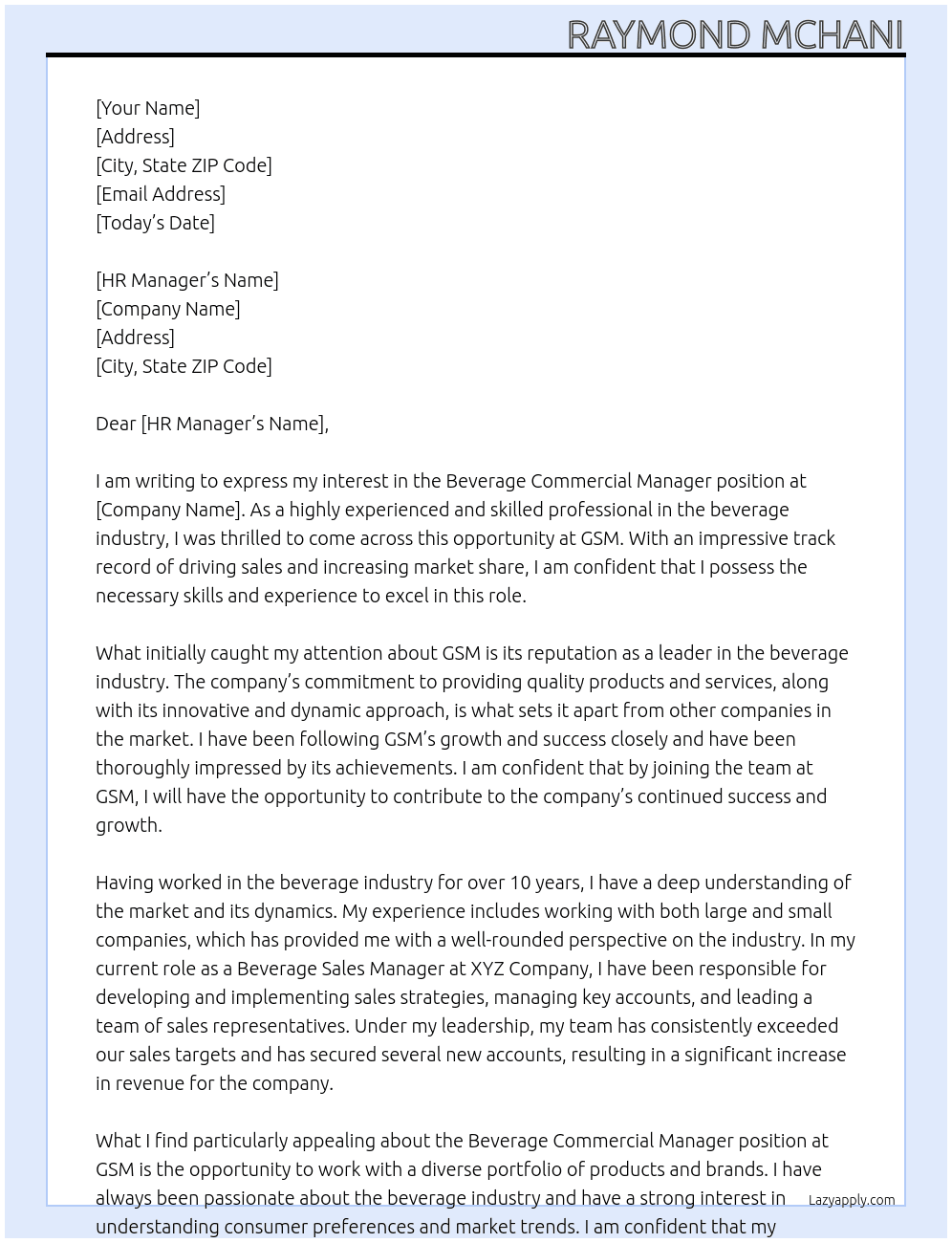 Beverage Commercial Manager  At GSM Cover Letter