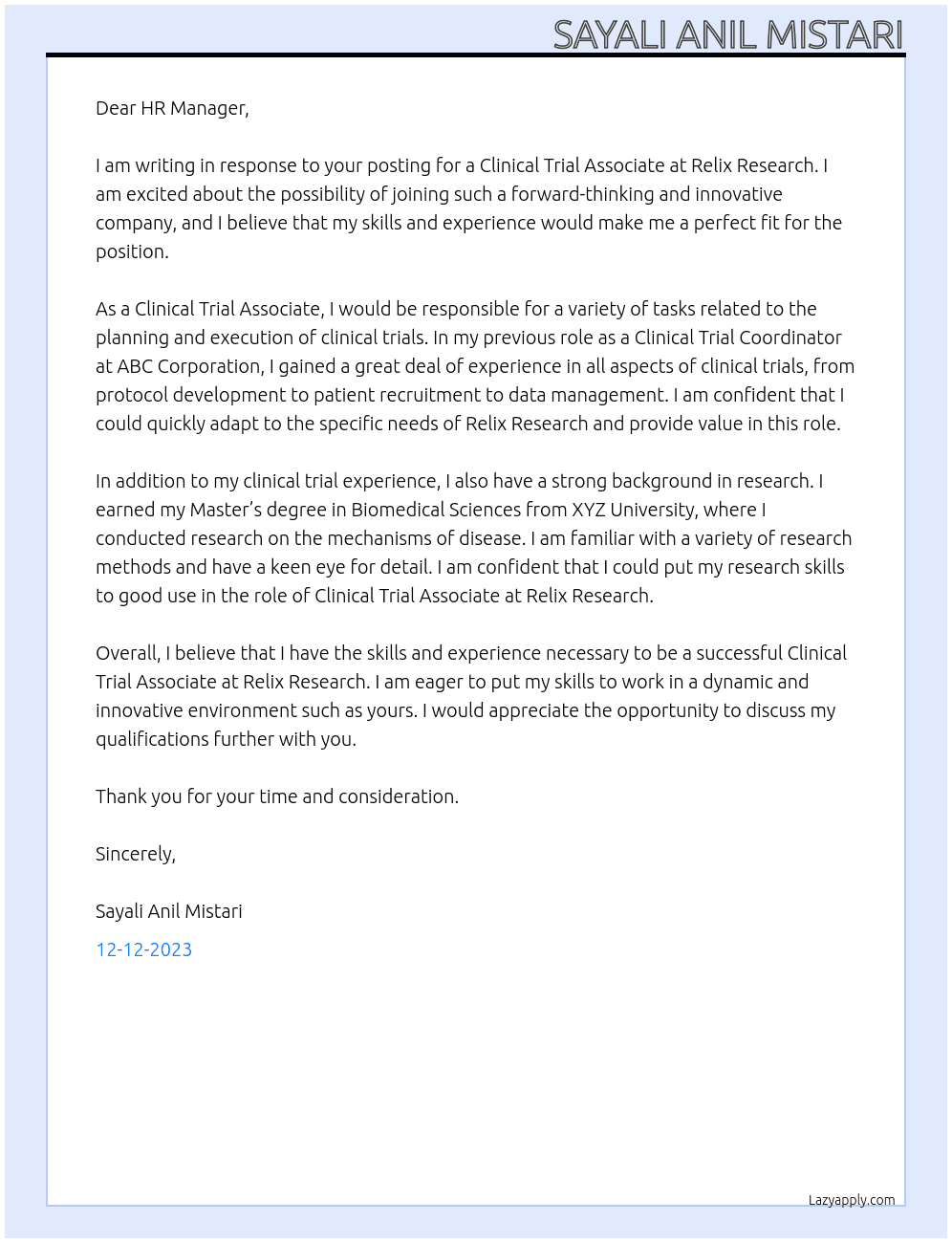 Clinical Trial Associate At Relix Research Cover Letter
