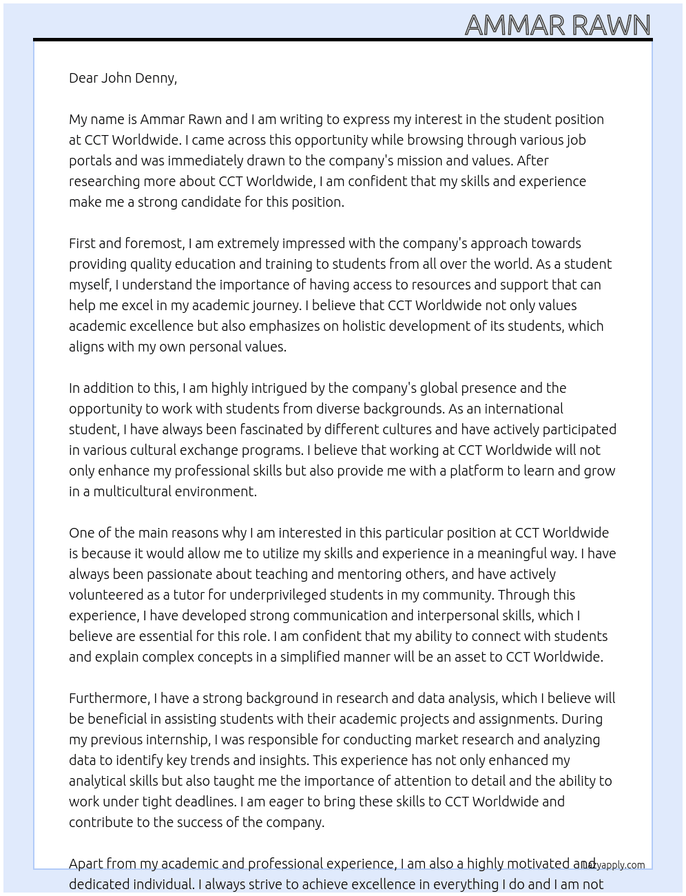 Student At CCT Worldwide Cover Letter