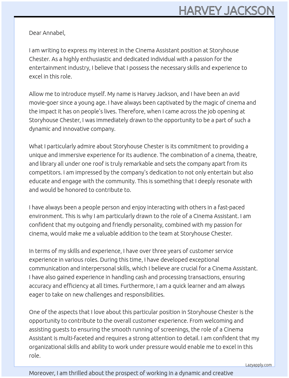 Cinema Assitant At Storyhouse Chester Cover Letter