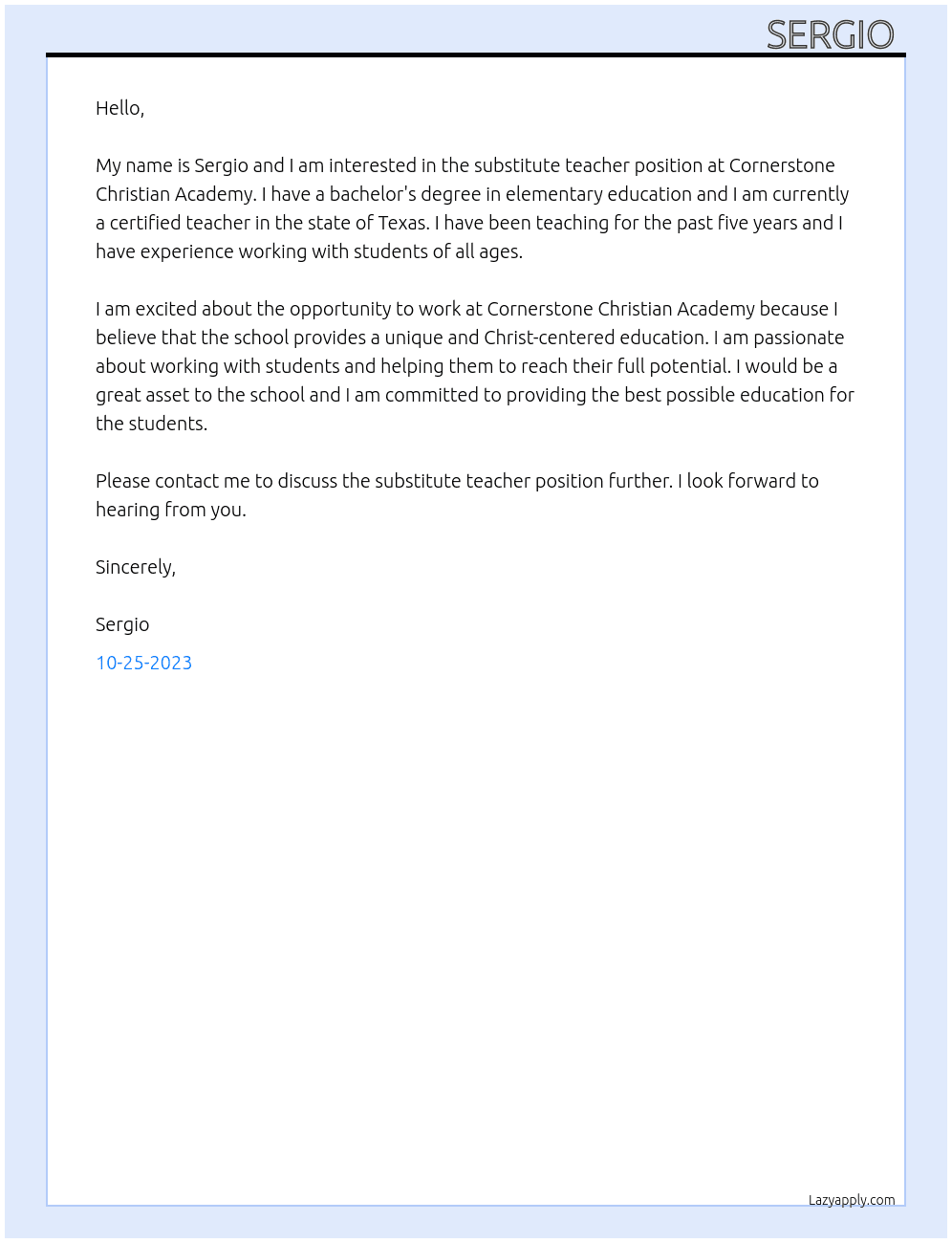 substitute teacher  At cornerstone christian academy  Cover Letter