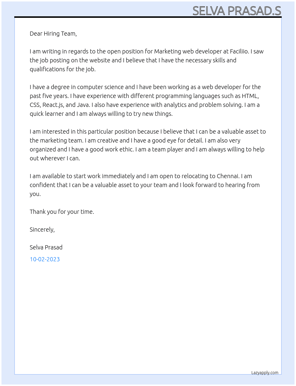 Marketing web developer  At Faciliio  Cover Letter