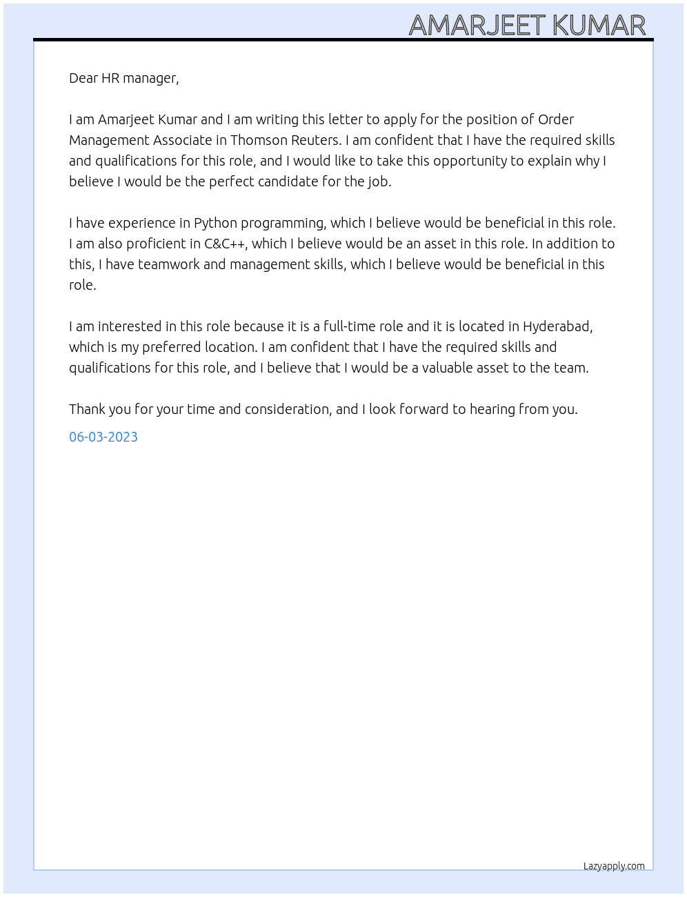 Order Management Associate  At Thomson Reuters  Cover Letter