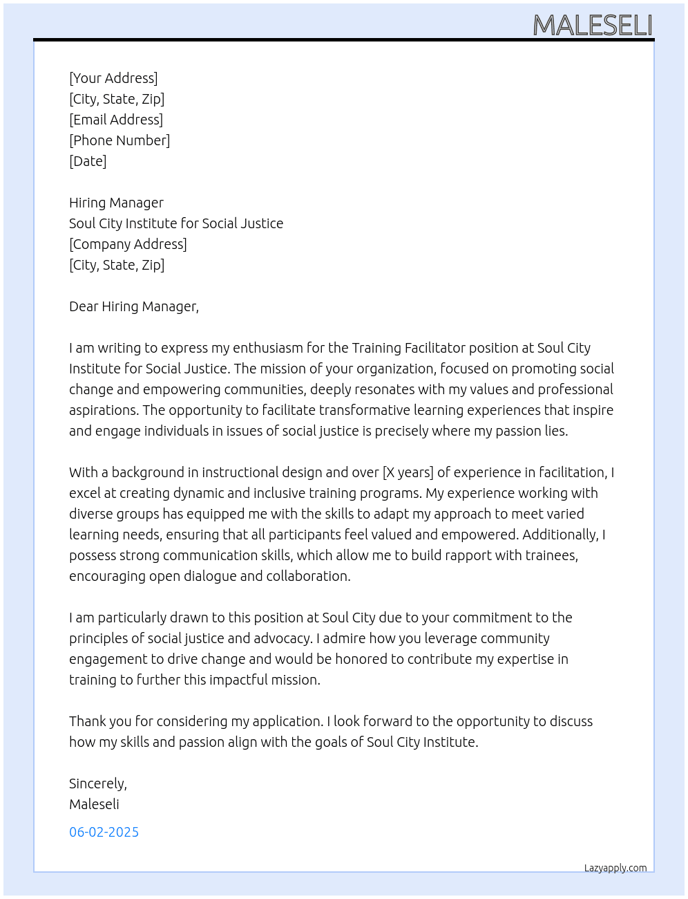 Training Facilitator At Soul City Institute for Social Justice Cover Letter