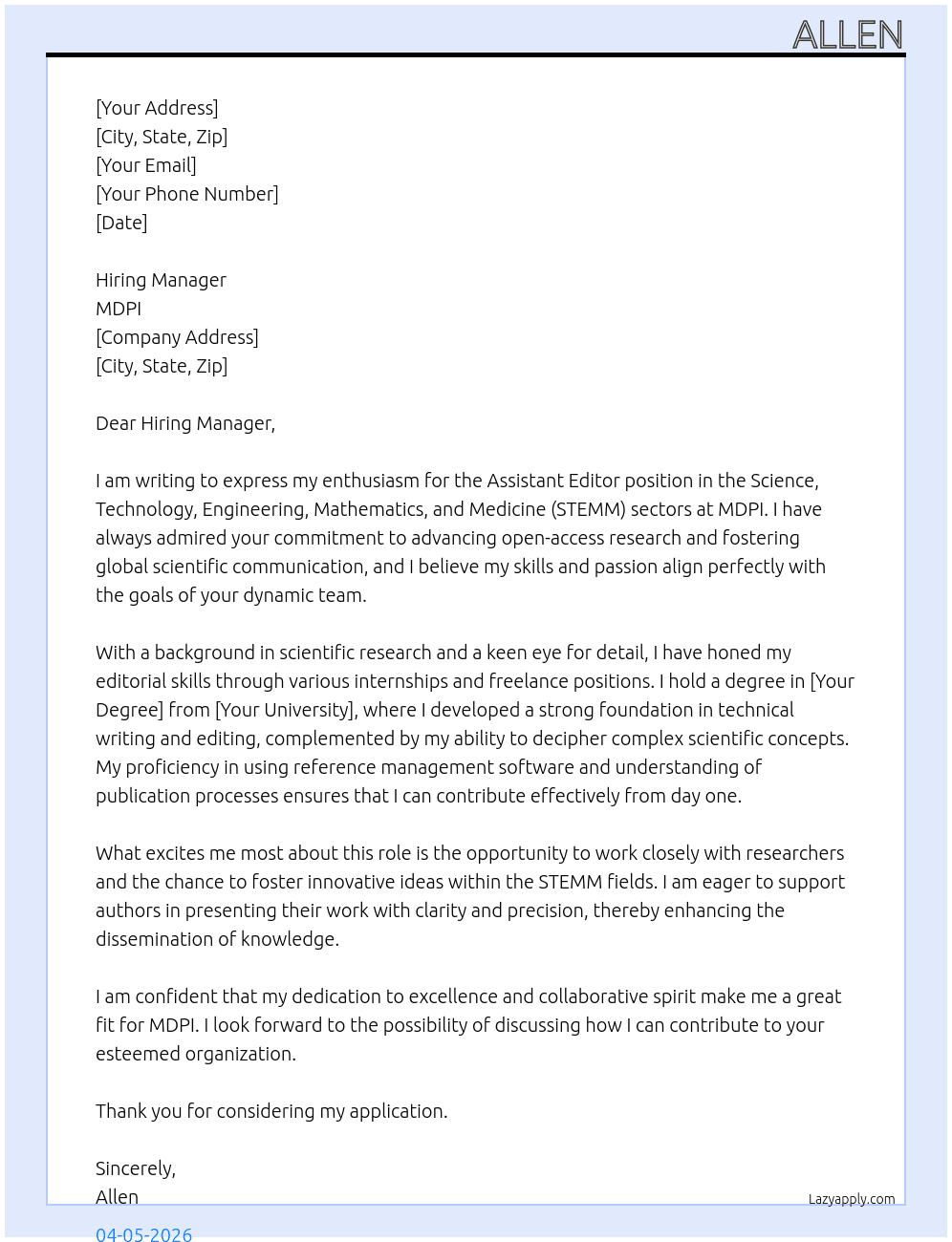 Cover letter for assistant editor - science, technology, engineering, mathematics, medicine - LazyApply