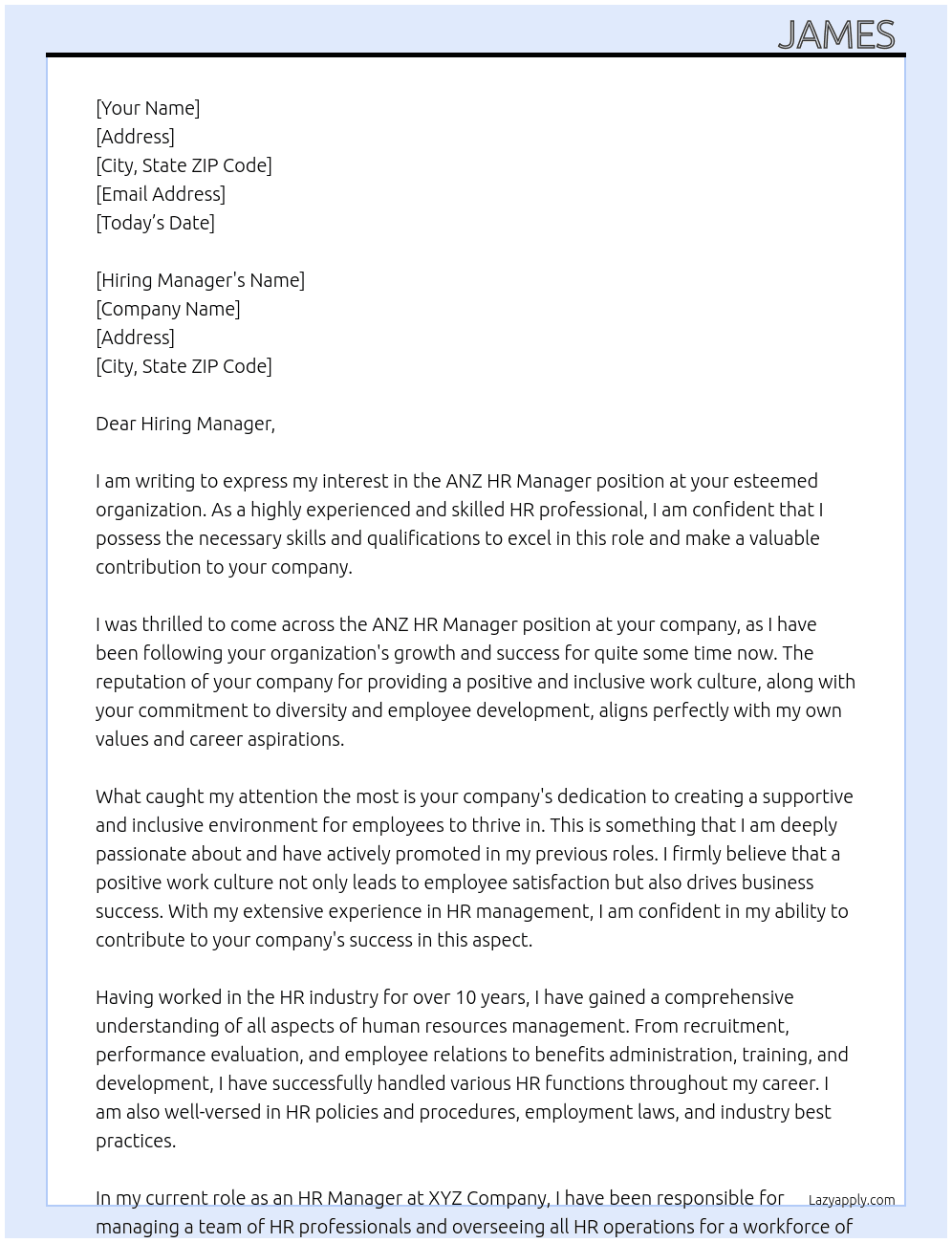 ANZ HR Manager At Don't know Cover Letter