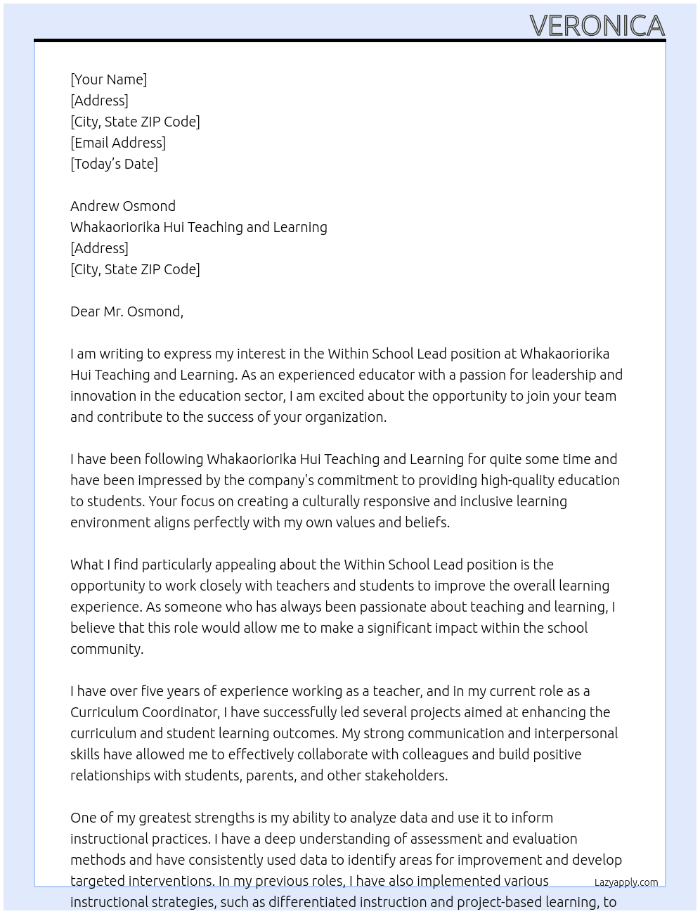 Within School lead At whakaoriorika hui teaching and learning Cover Letter