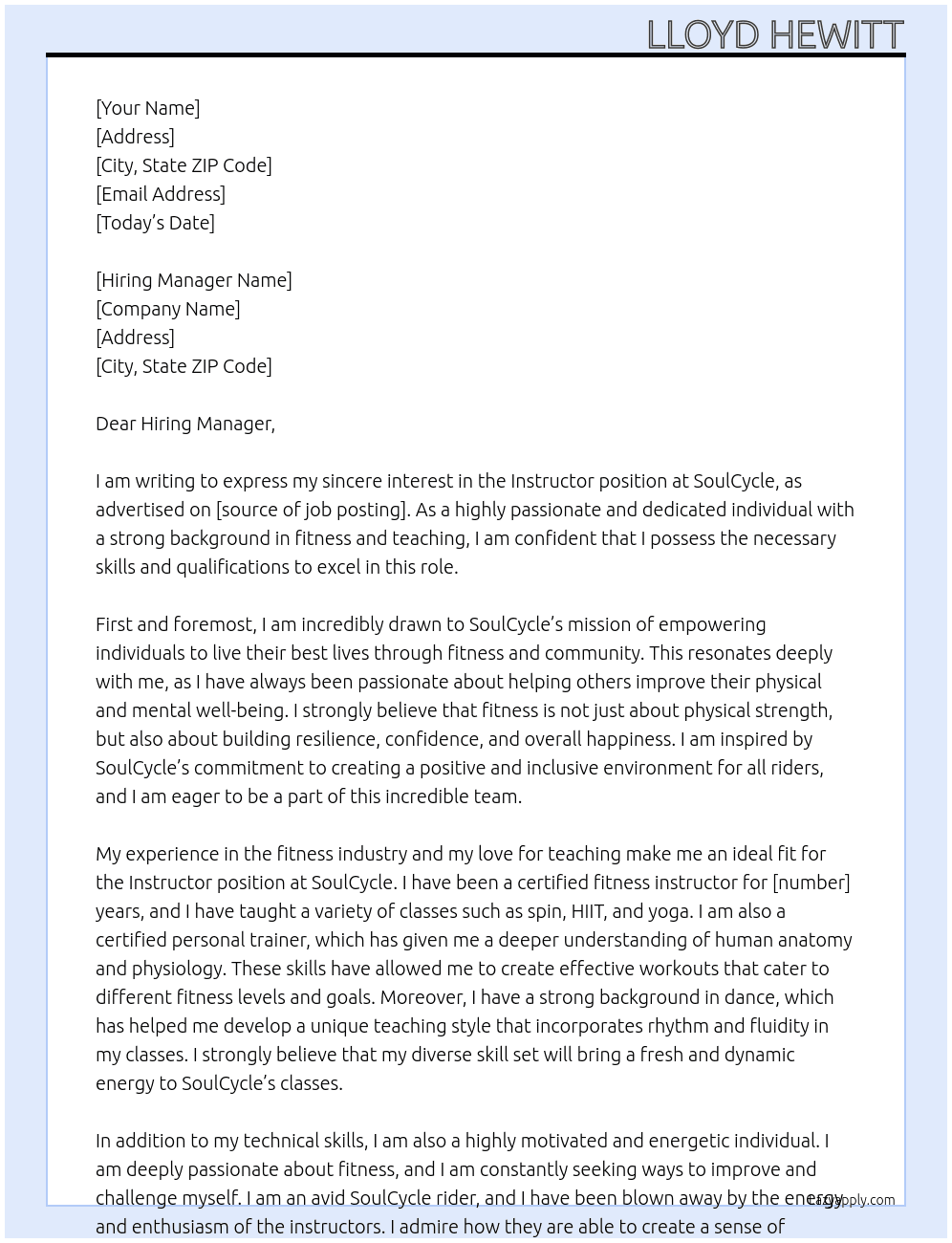 Instructor At SoulCycle Cover Letter