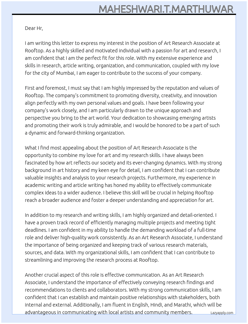 Art Research associate  At Rooftop Cover Letter