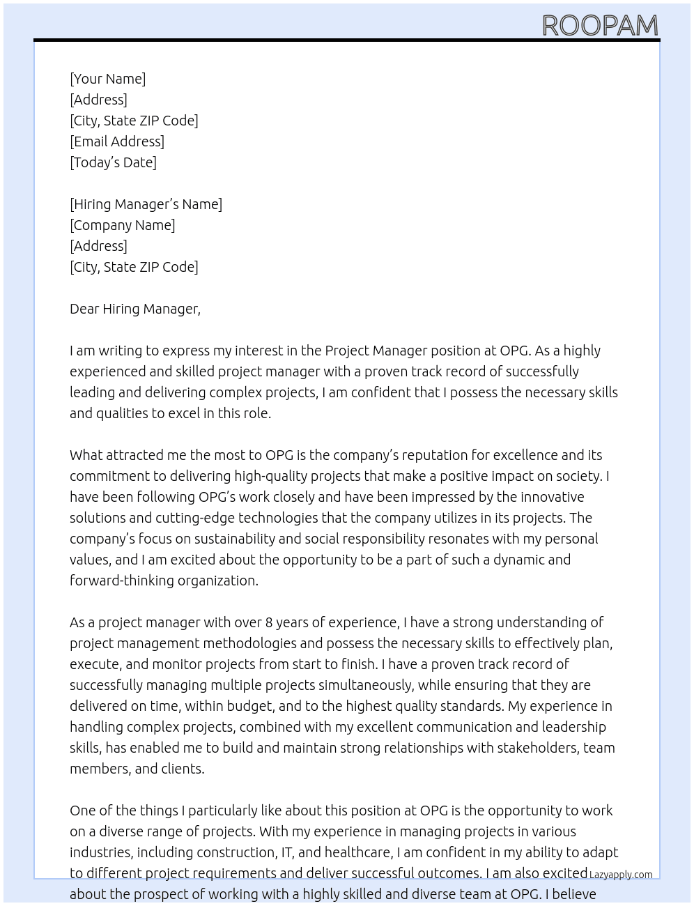 Project Manager At OPG Cover Letter