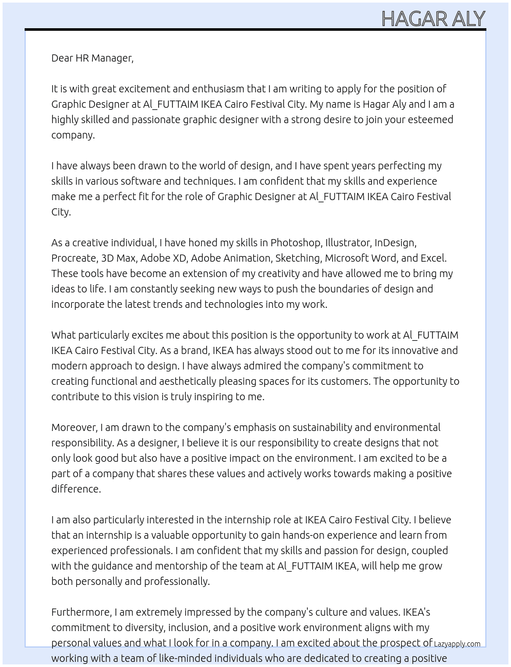 Graphic designer At Al_FUTTAIM IKEA Cairo Festival City Cover Letter