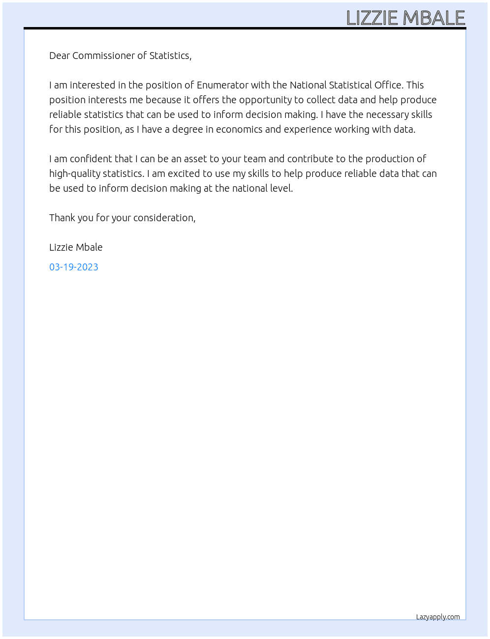 Enumerator At National Statistical Office Cover Letter