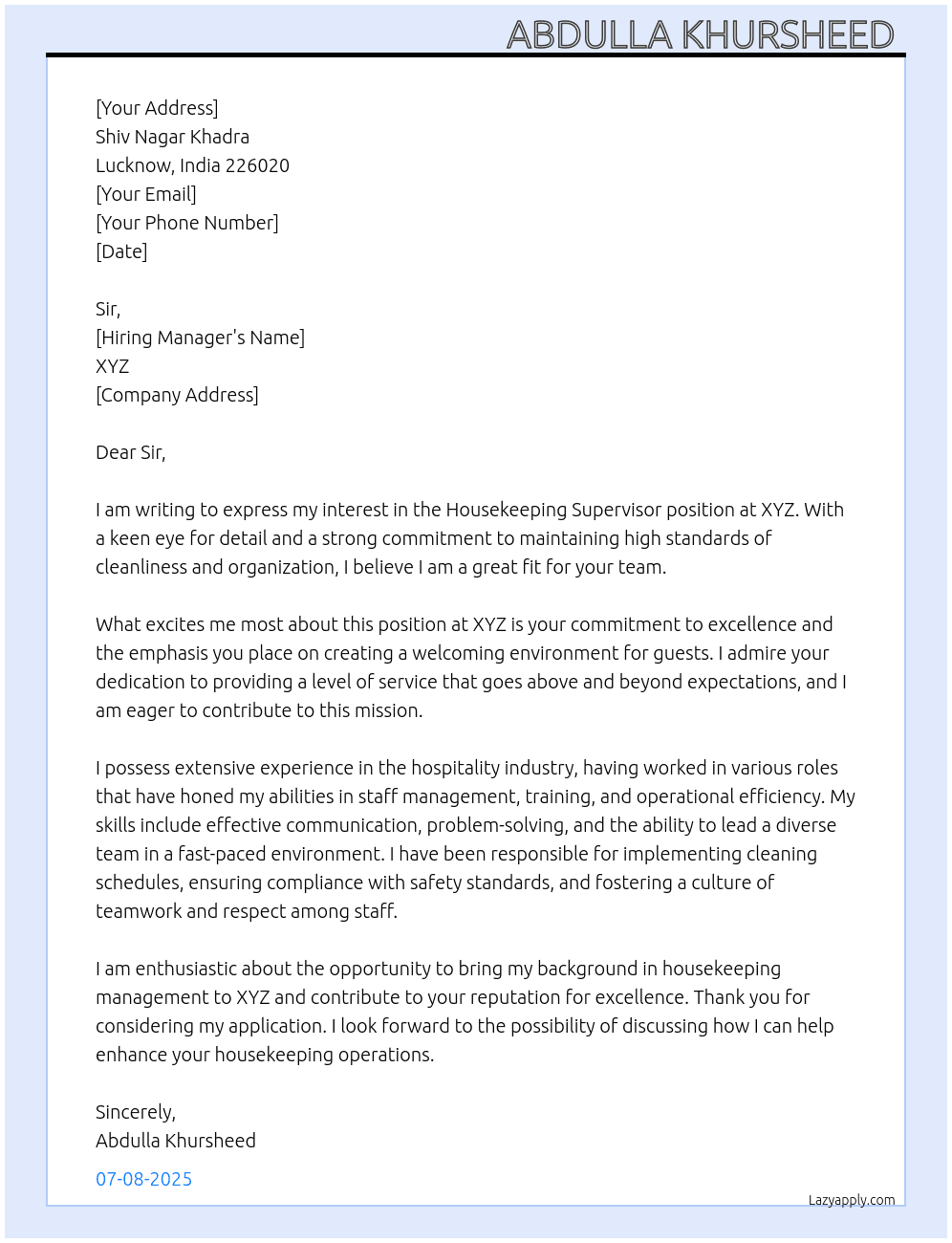 Housekeeping supervisor  At Xyz Cover Letter