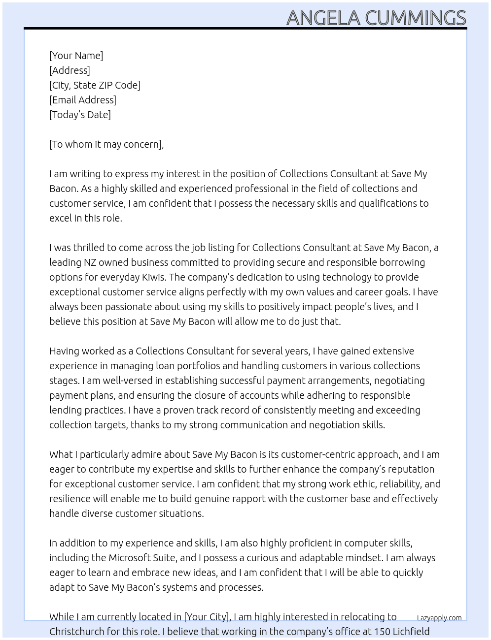 Collections Consultant At Save My Bacon Cover Letter