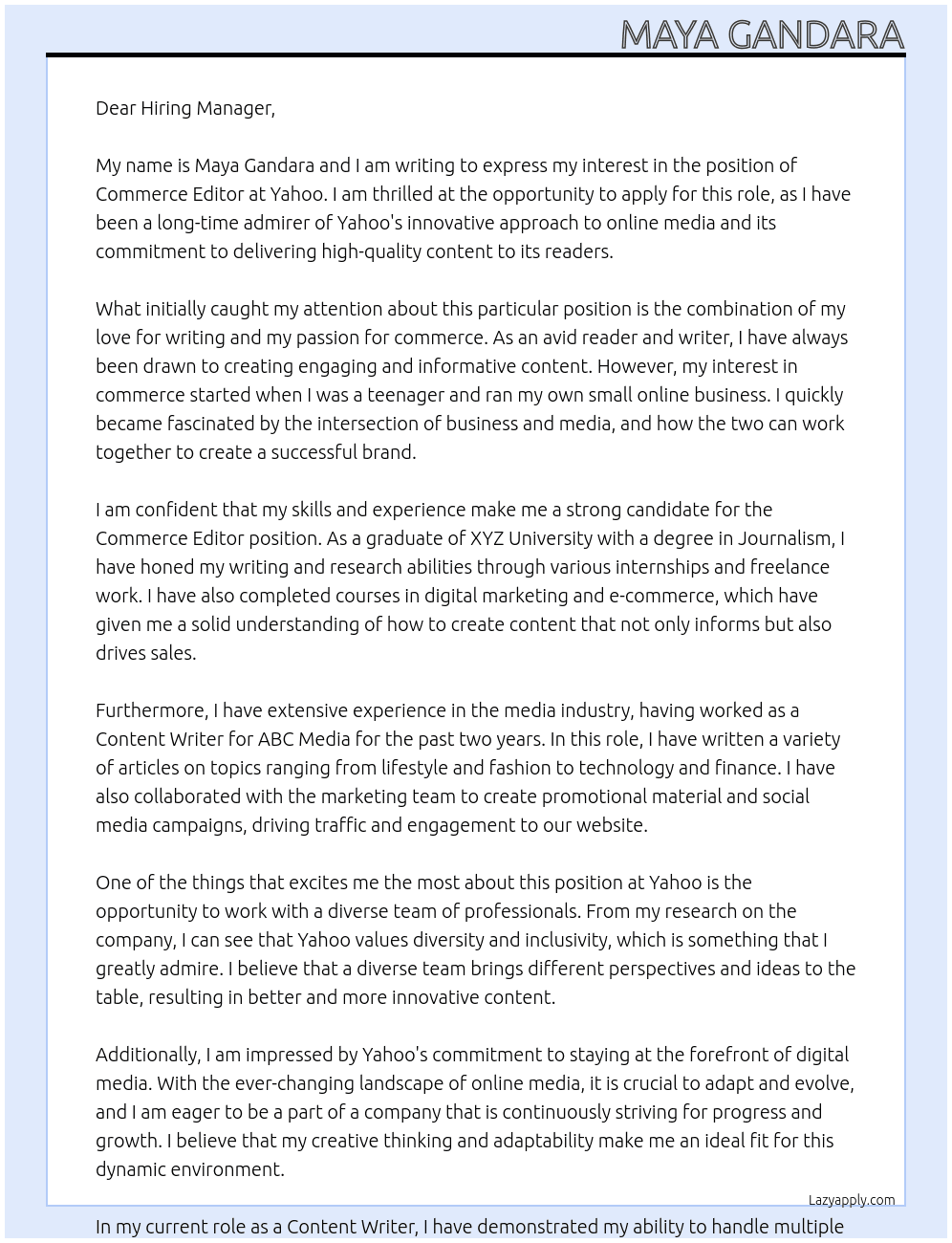 Commerce Editor At Yahoo Cover Letter