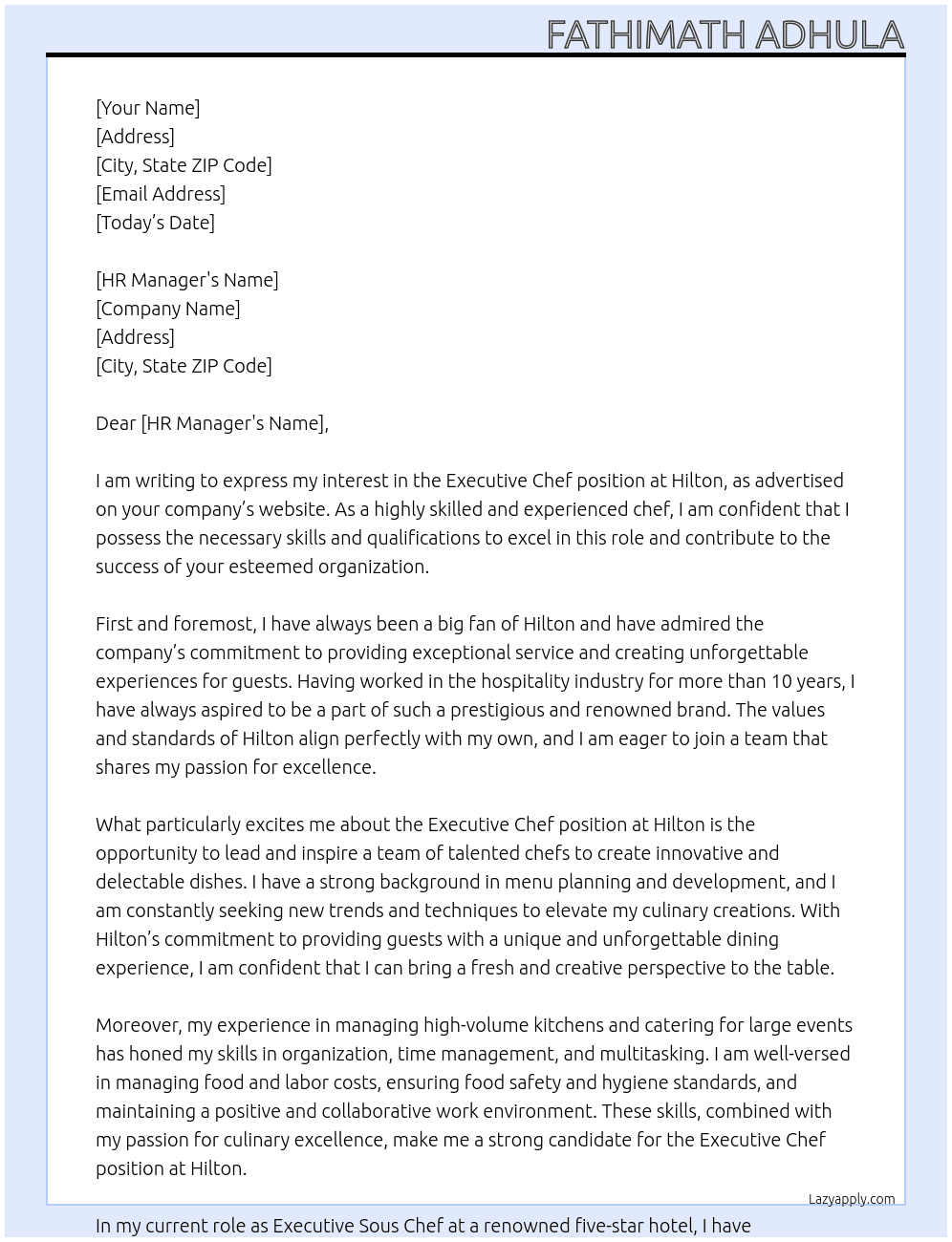 Executive Chef At Hilton Cover Letter